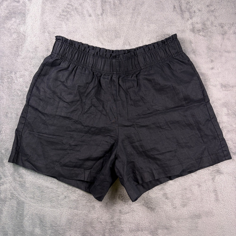 Quince 100% European Linen Shorts Womens L Black Elastic High Waist Side Pockets
